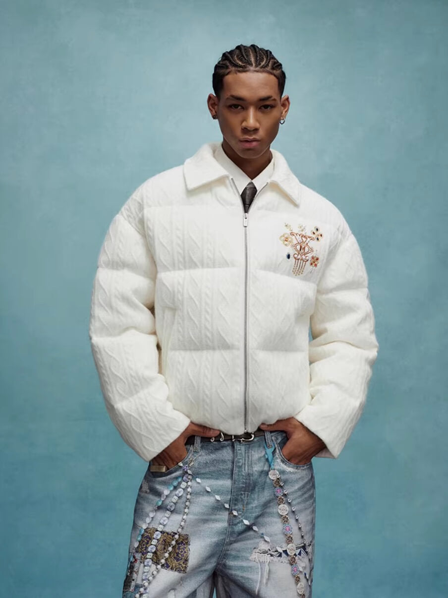 YADcrew x MEDM Cable Knit Pearl Embroidered Puffer Jacket