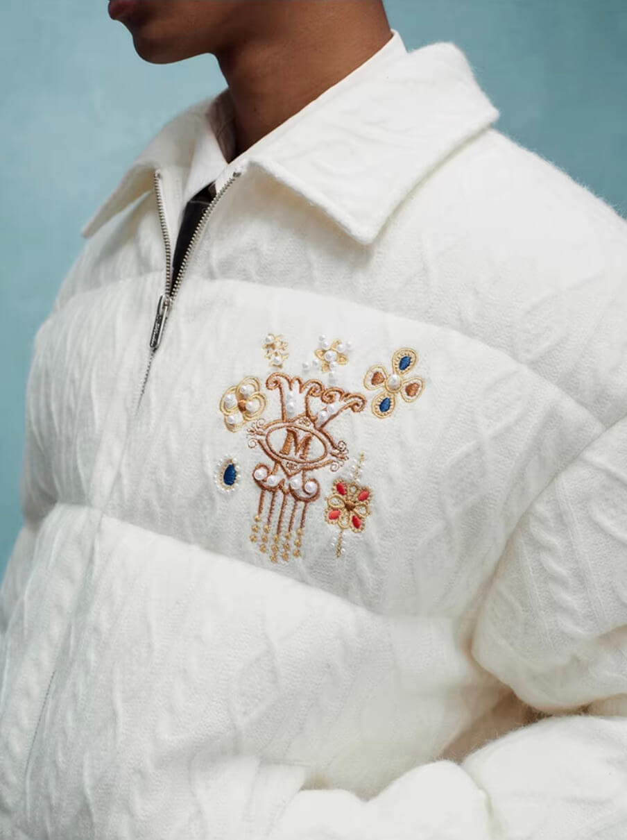 YADcrew x MEDM Cable Knit Pearl Embroidered Puffer Jacket
