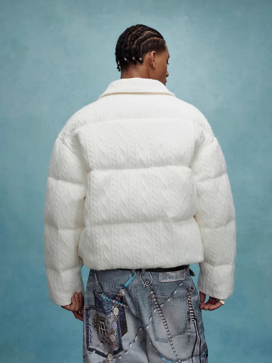 YADcrew x MEDM Cable Knit Pearl Embroidered Puffer Jacket