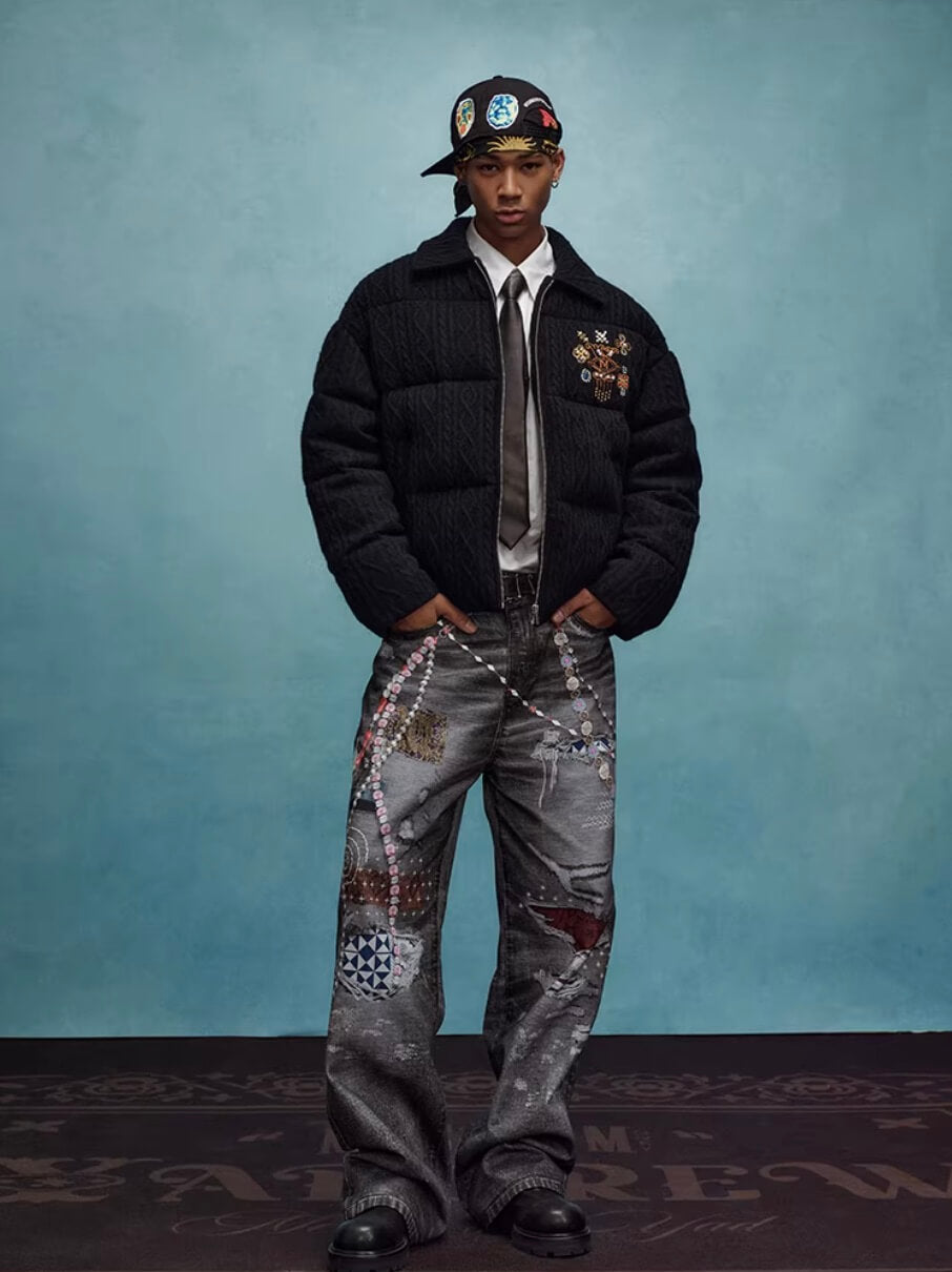 YADcrew x MEDM Cable Knit Pearl Embroidered Puffer Jacket