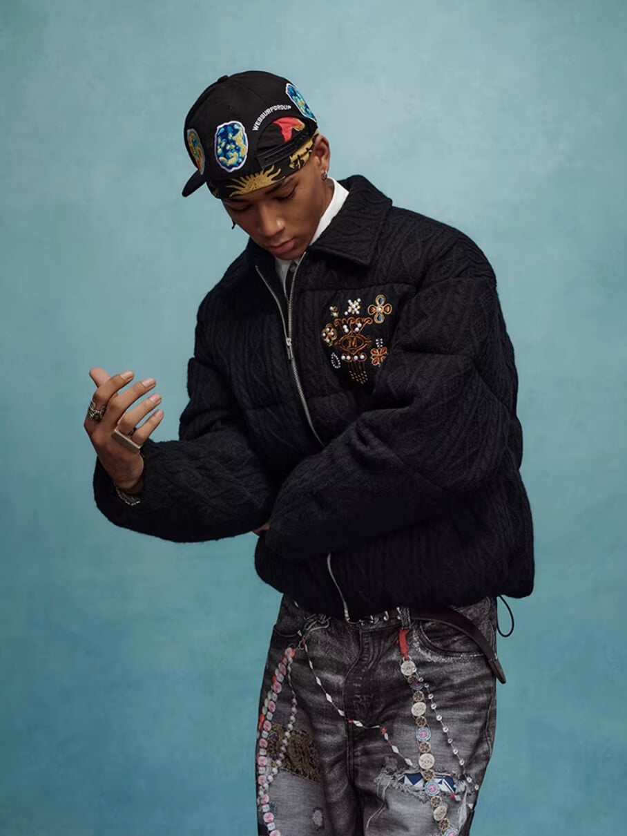 YADcrew x MEDM Cable Knit Pearl Embroidered Puffer Jacket