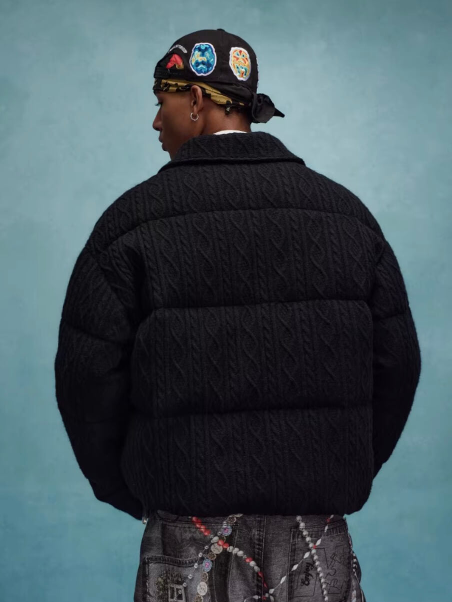 YADcrew x MEDM Cable Knit Pearl Embroidered Puffer Jacket