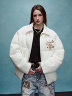 YADcrew x MEDM Cable Knit Pearl Embroidered Puffer Jacket