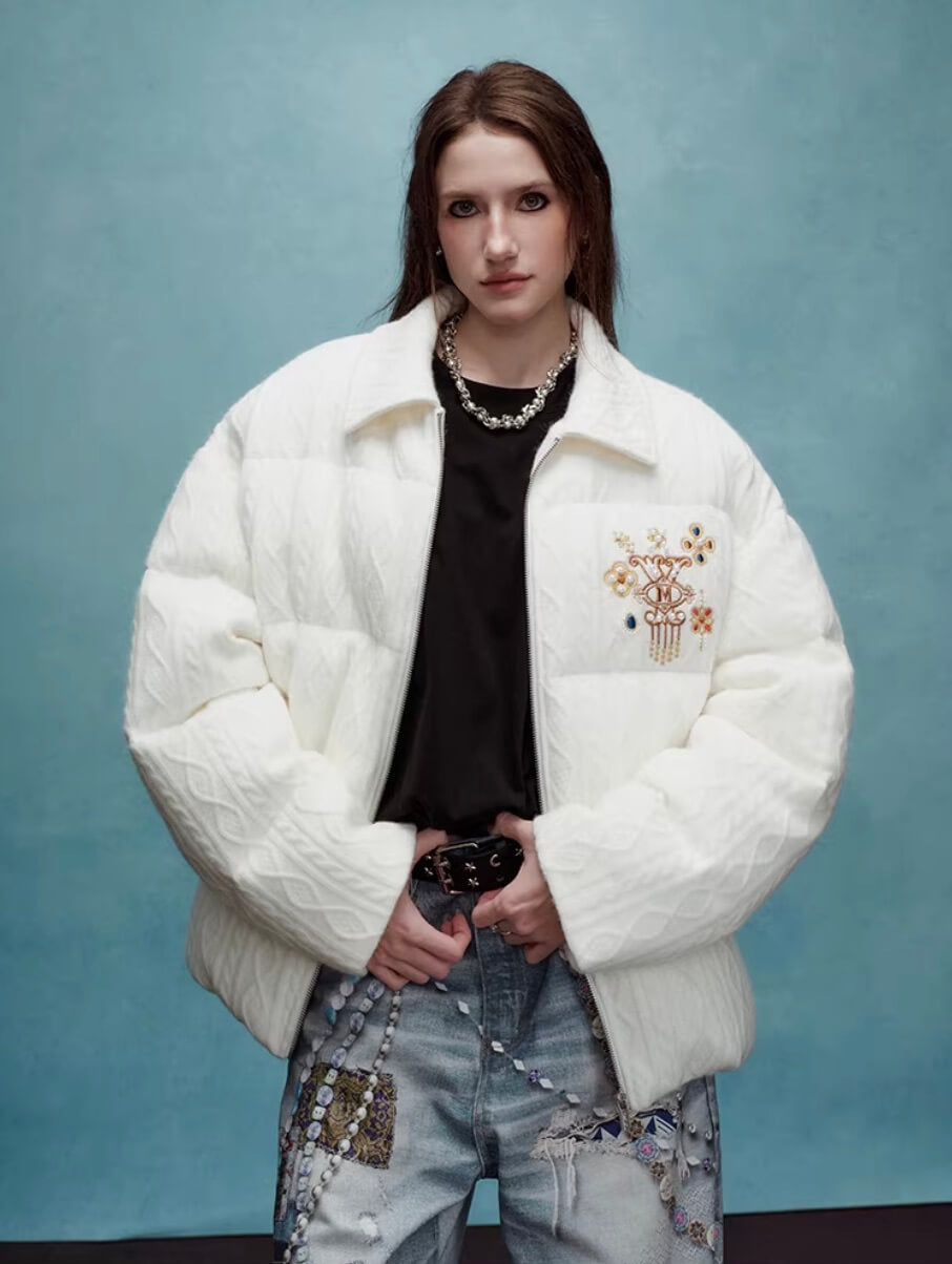 YADcrew x MEDM Cable Knit Pearl Embroidered Puffer Jacket