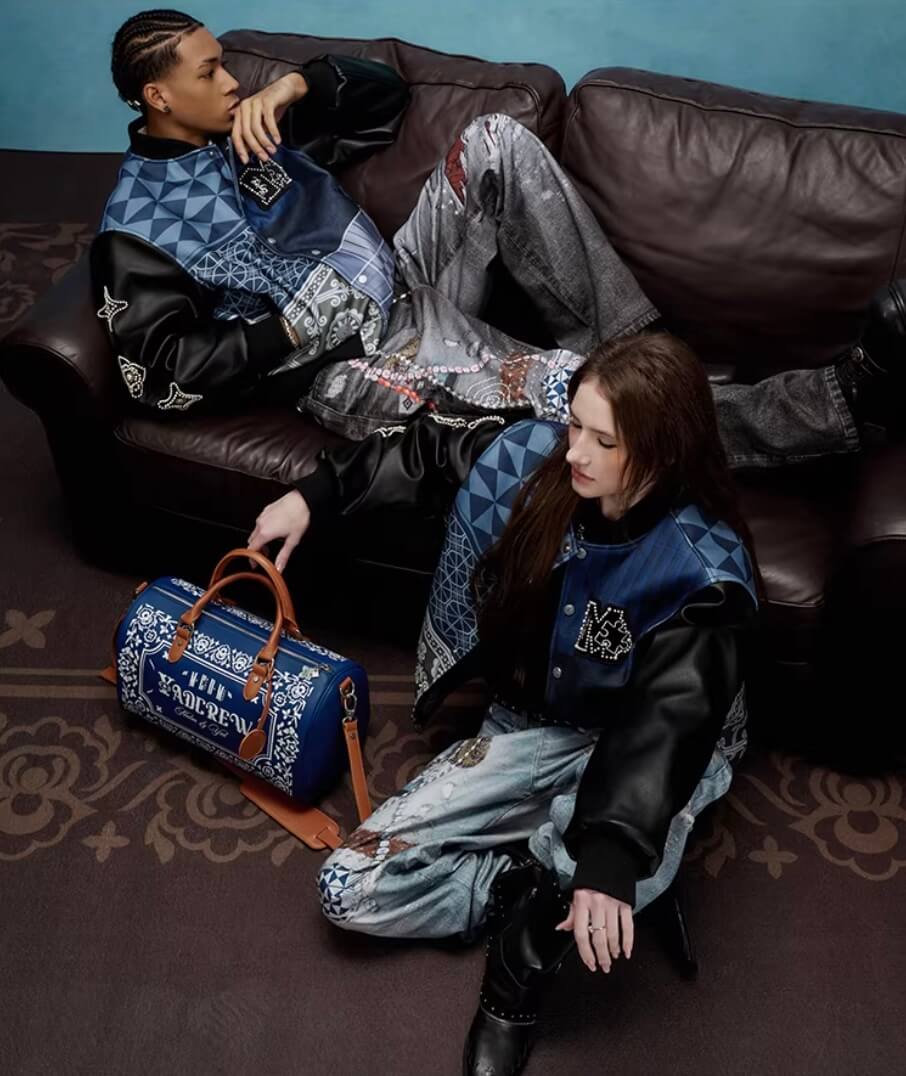 YADcrew x MEDM Patchwork Ethnic Pattern Varsity Jacket