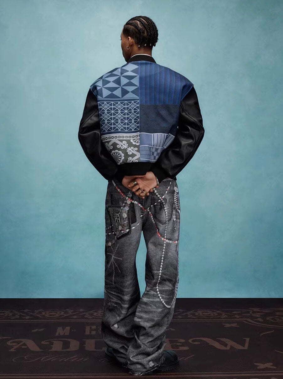 YADcrew x MEDM Patchwork Ethnic Pattern Varsity Jacket