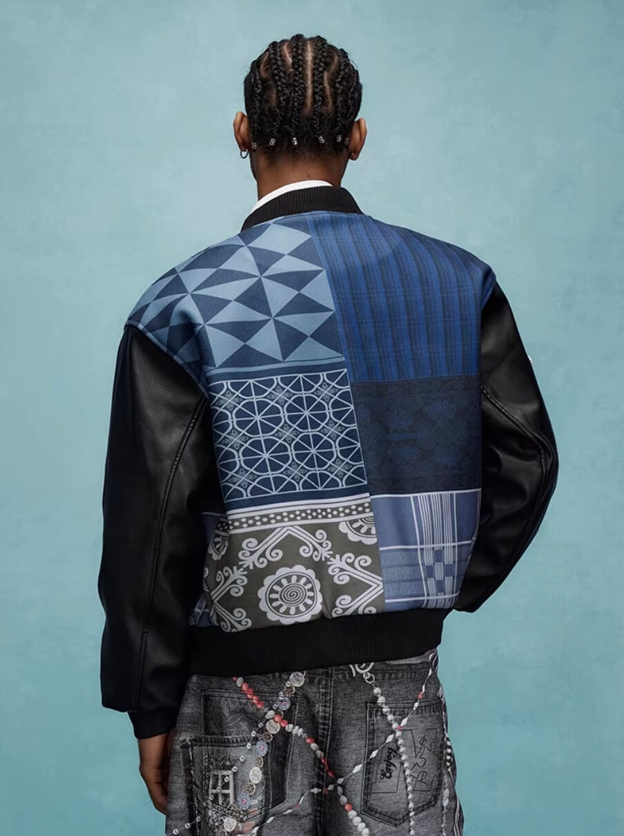 YADcrew x MEDM Patchwork Ethnic Pattern Varsity Jacket