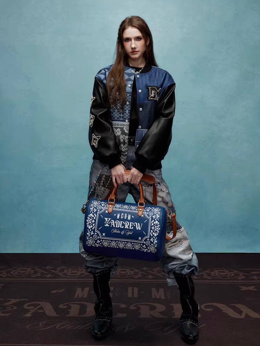 YADcrew x MEDM Patchwork Ethnic Pattern Varsity Jacket