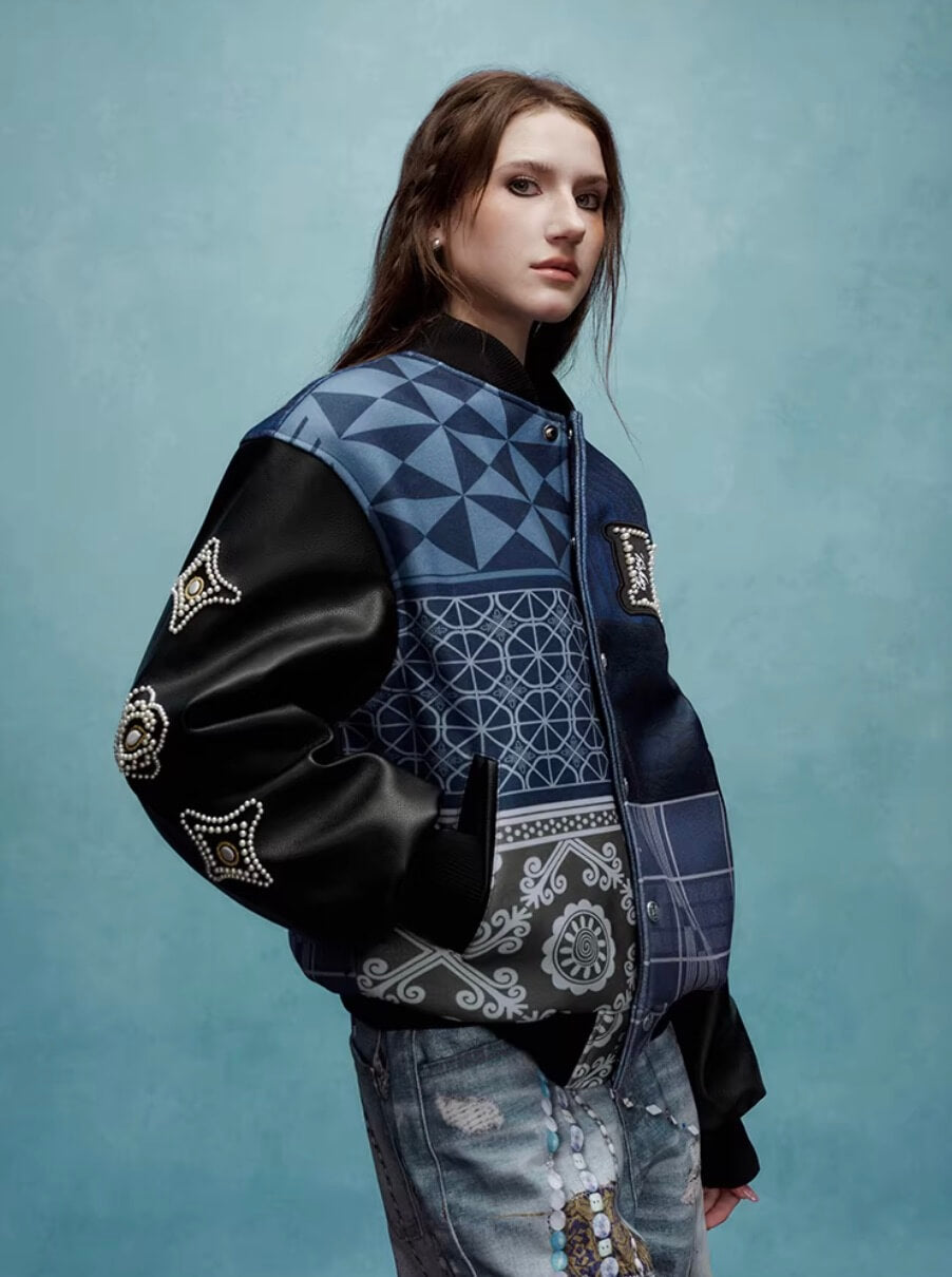 YADcrew x MEDM Patchwork Ethnic Pattern Varsity Jacket