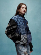 YADcrew x MEDM Patchwork Ethnic Pattern Varsity Jacket