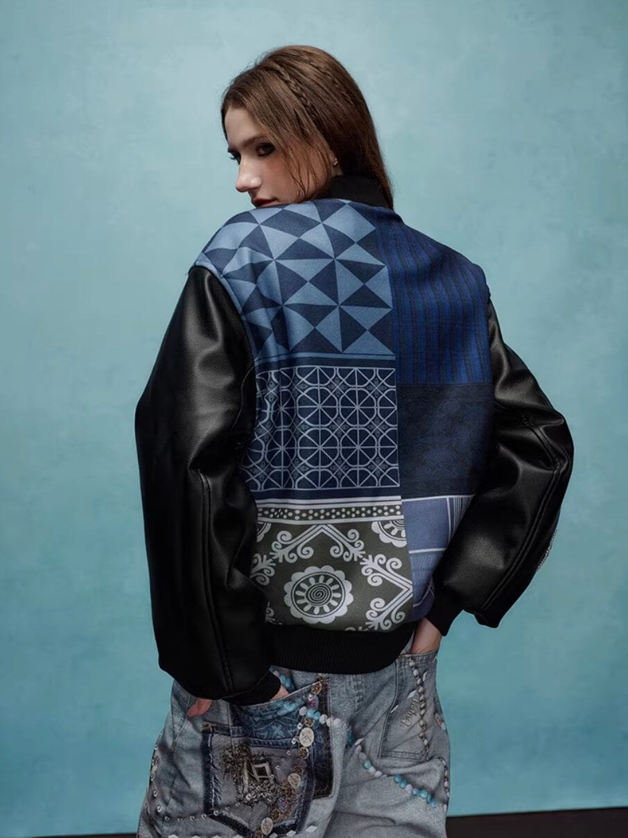 YADcrew x MEDM Patchwork Ethnic Pattern Varsity Jacket