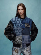 YADcrew x MEDM Patchwork Ethnic Pattern Varsity Jacket