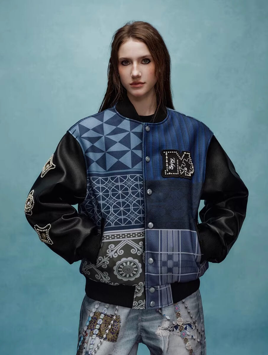 YADcrew x MEDM Patchwork Ethnic Pattern Varsity Jacket