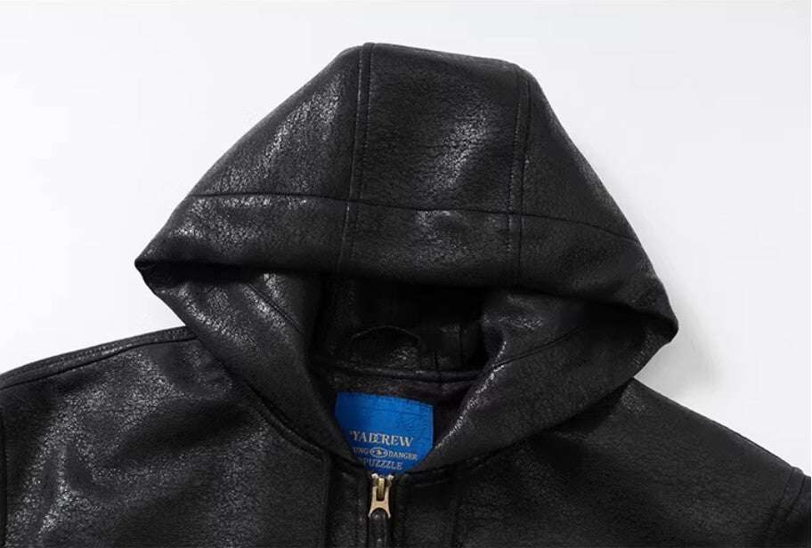 YADcrew Crackle Glitter PU Leather Hooded Jacket