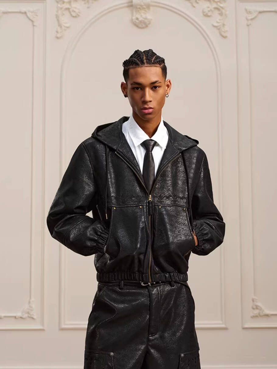 YADcrew Crackle Glitter PU Leather Hooded Jacket