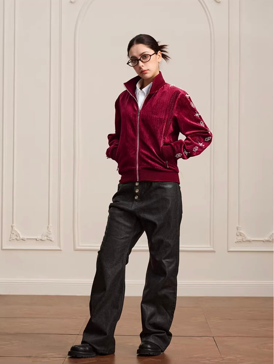 YADcrew Silver Thread Velvet Pearl Track Jacket