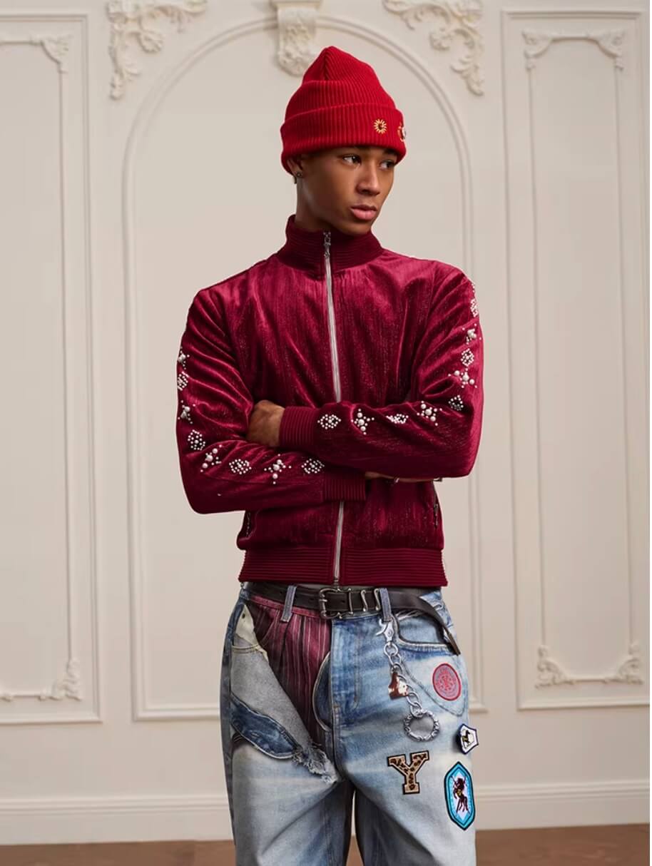 YADcrew Silver Thread Velvet Pearl Track Jacket