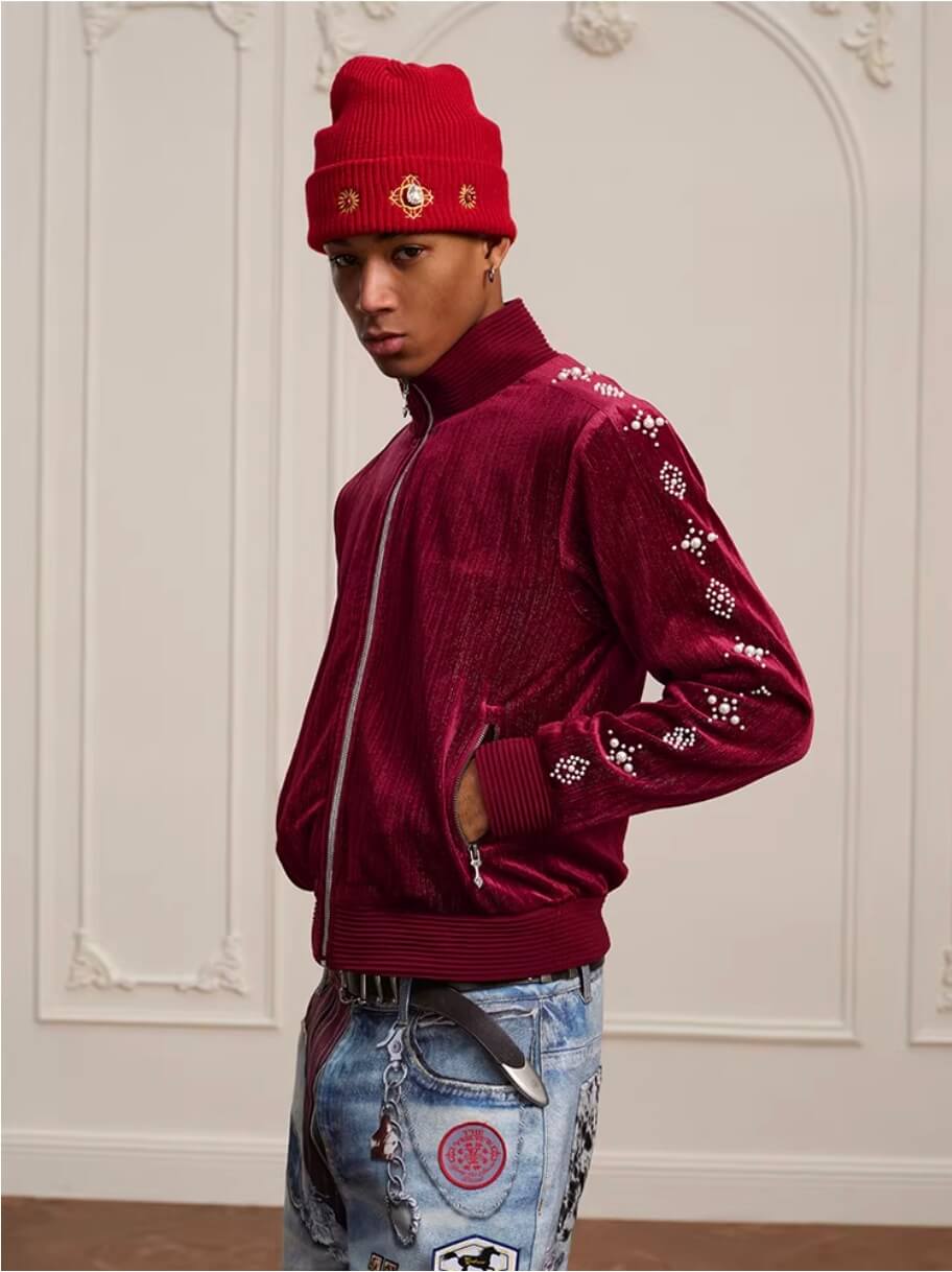 YADcrew Silver Thread Velvet Pearl Track Jacket