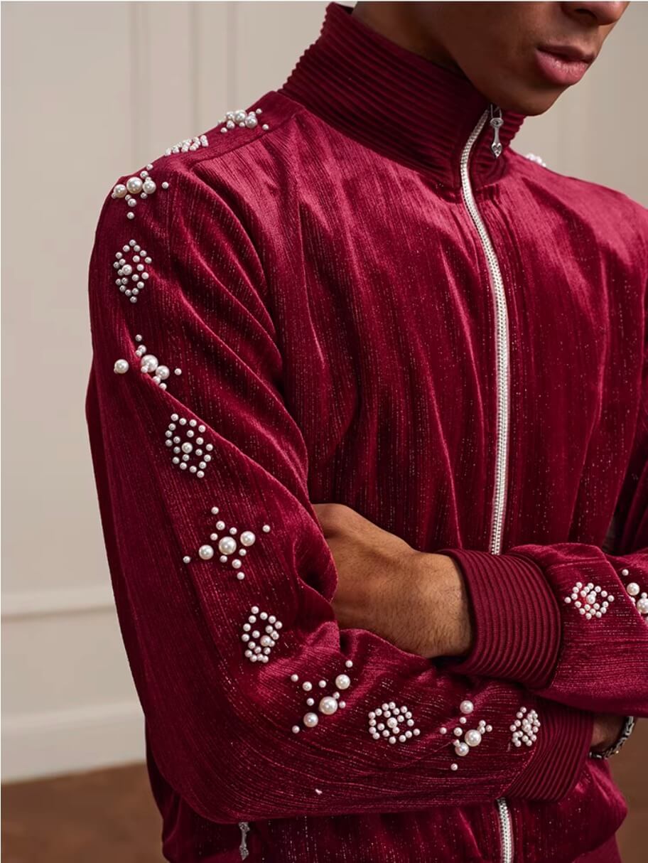 YADcrew Silver Thread Velvet Pearl Track Jacket