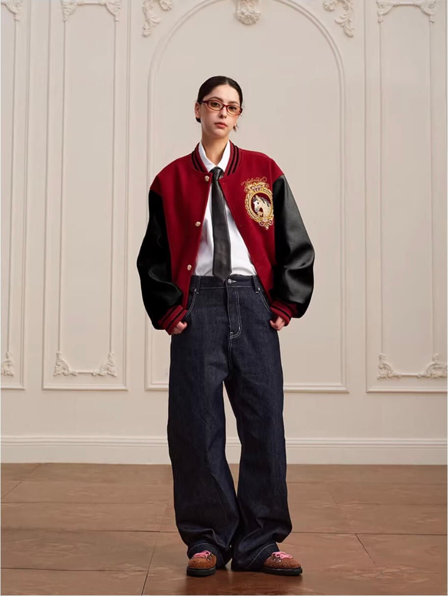 YADcrew Horse Sequin Pearl Embroidered Varsity Jacket