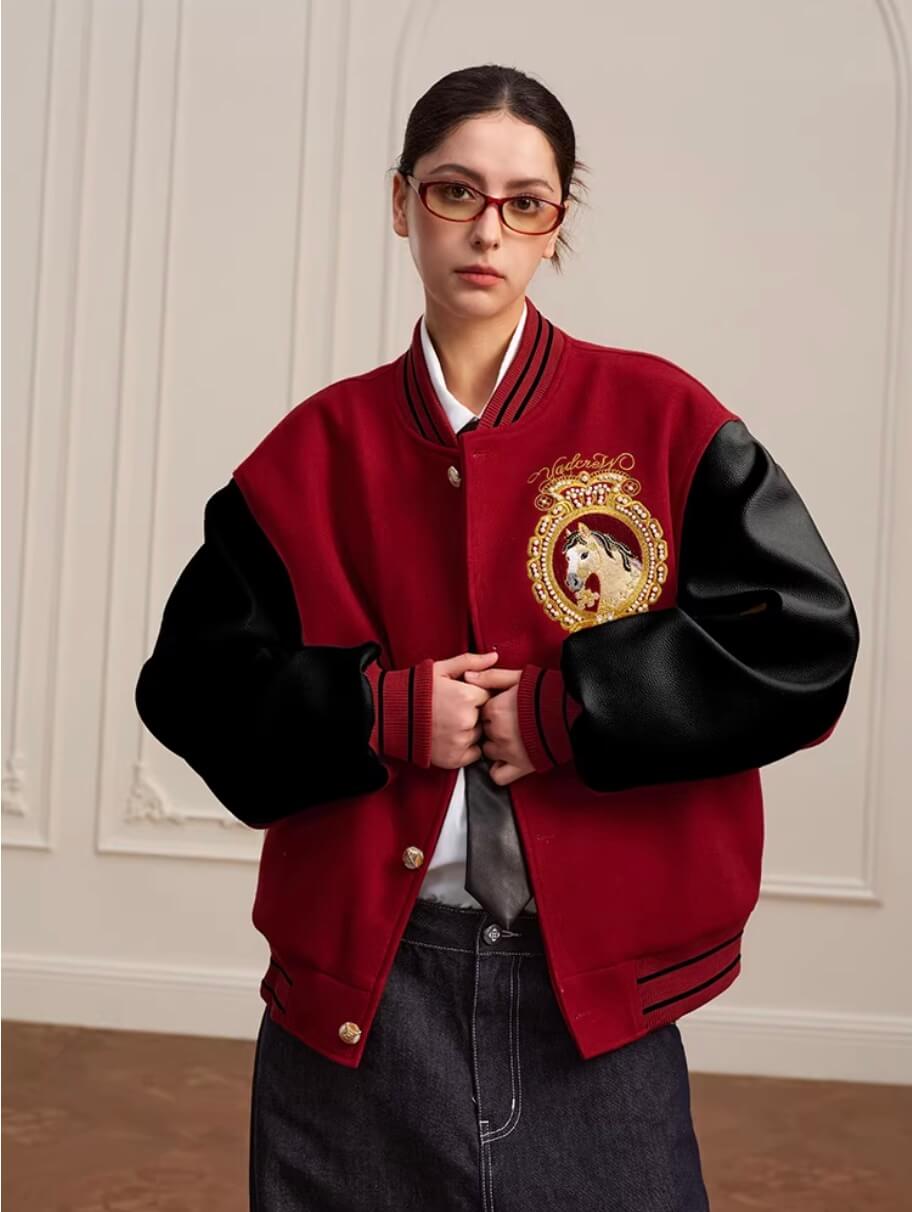 YADcrew Horse Sequin Pearl Embroidered Varsity Jacket