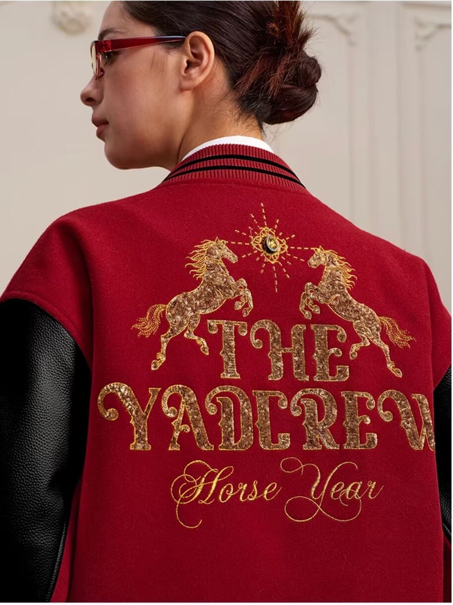 YADcrew Horse Sequin Pearl Embroidered Varsity Jacket
