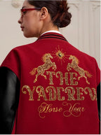YADcrew Horse Sequin Pearl Embroidered Varsity Jacket