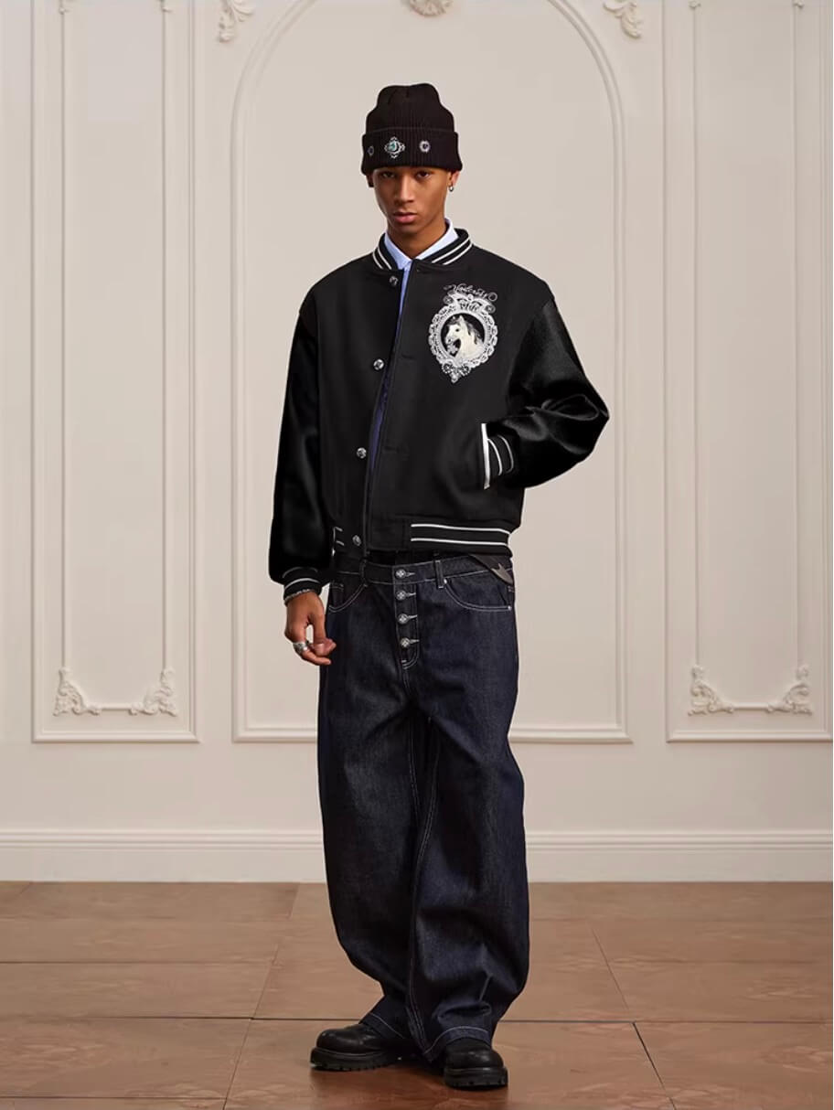YADcrew Horse Sequin Pearl Embroidered Varsity Jacket