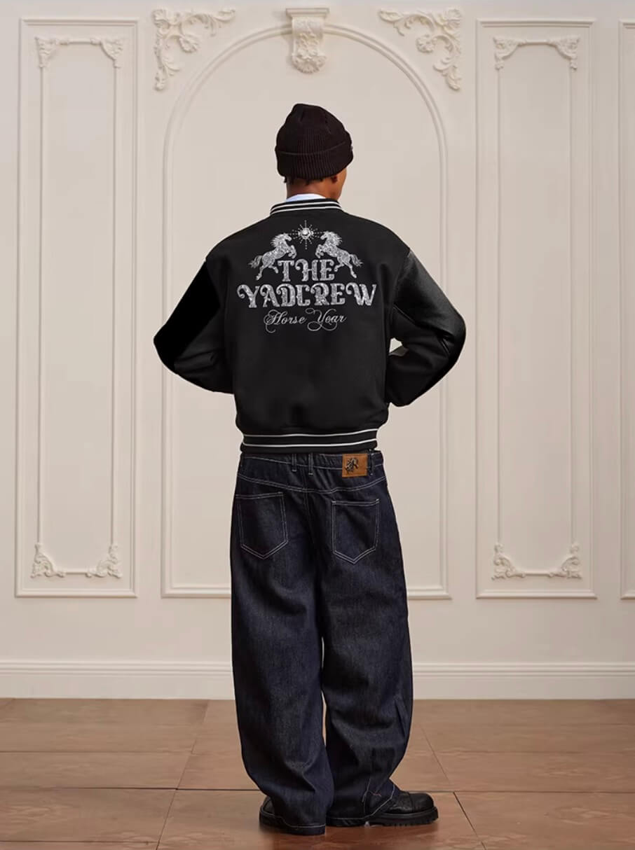 YADcrew Horse Sequin Pearl Embroidered Varsity Jacket
