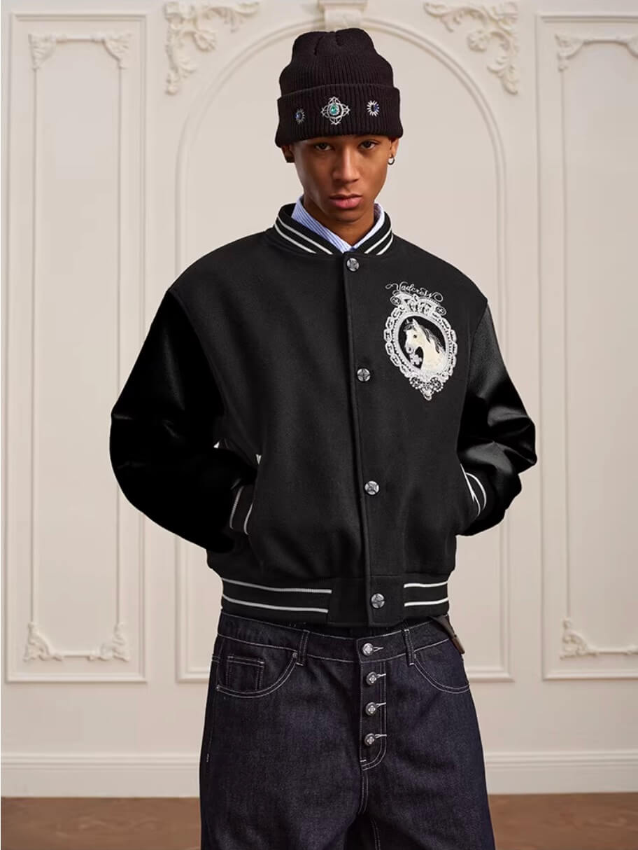 YADcrew Horse Sequin Pearl Embroidered Varsity Jacket