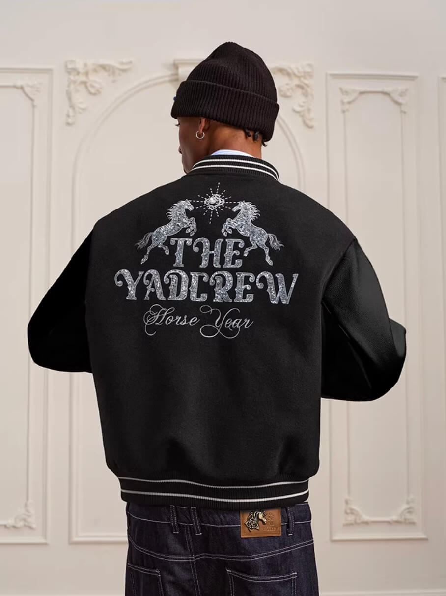 YADcrew Horse Sequin Pearl Embroidered Varsity Jacket