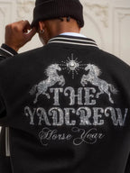 YADcrew Horse Sequin Pearl Embroidered Varsity Jacket