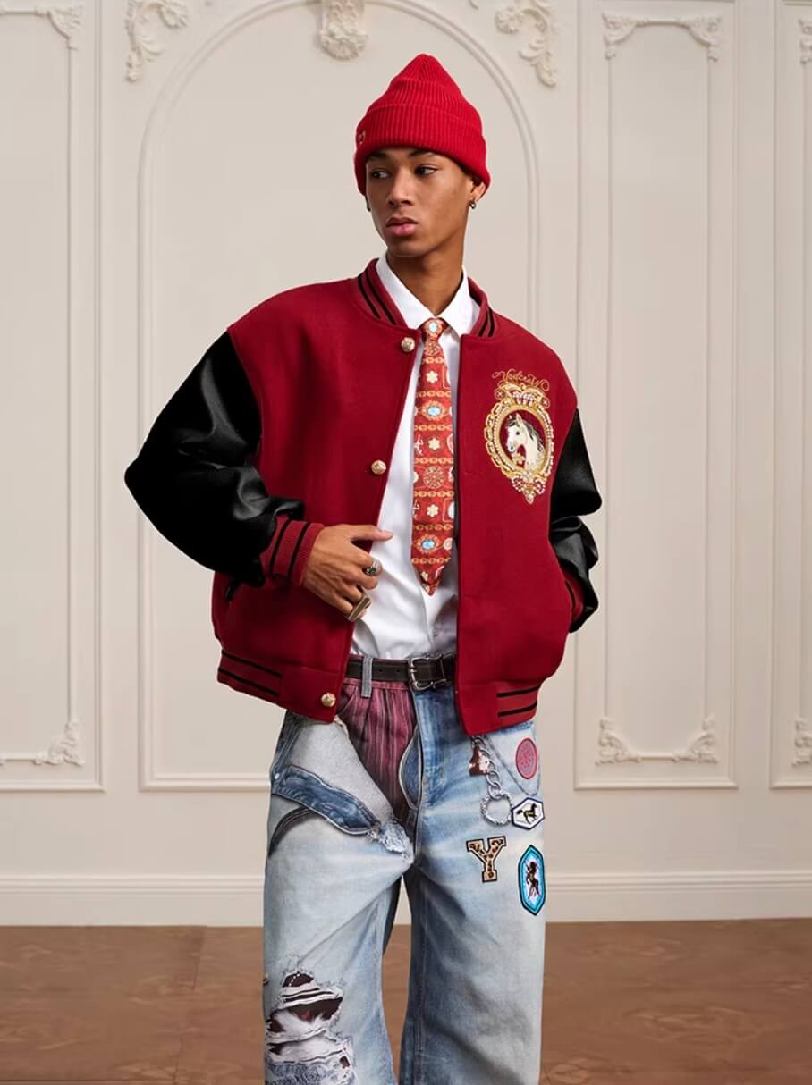 YADcrew Horse Sequin Pearl Embroidered Varsity Jacket