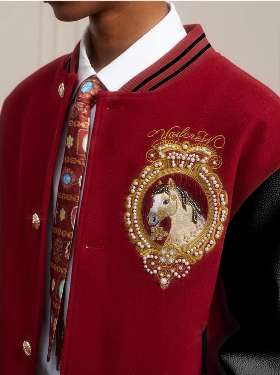 YADcrew Horse Sequin Pearl Embroidered Varsity Jacket