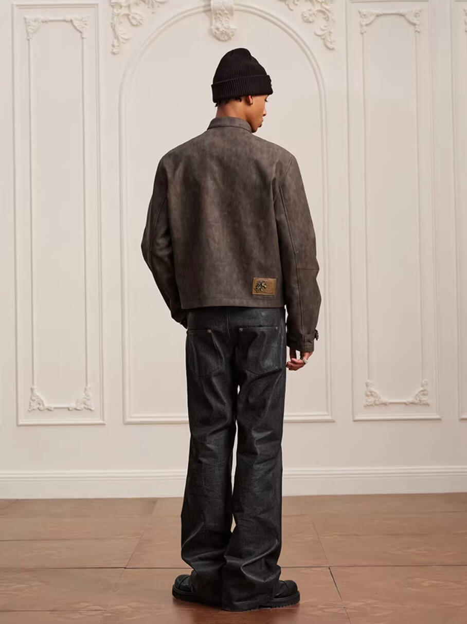 YADcrew Washed PU Leather Racing Jacket