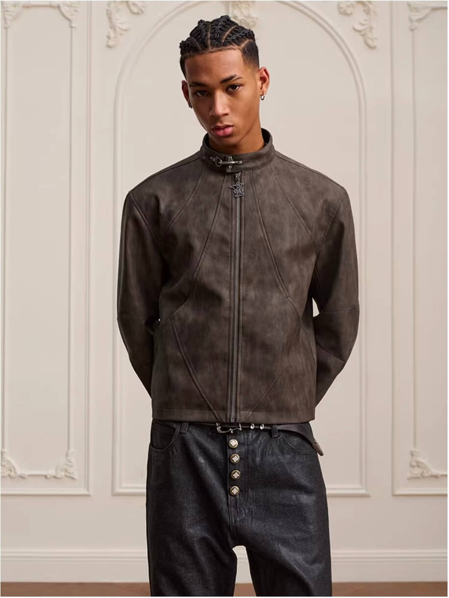 YADcrew Washed PU Leather Racing Jacket