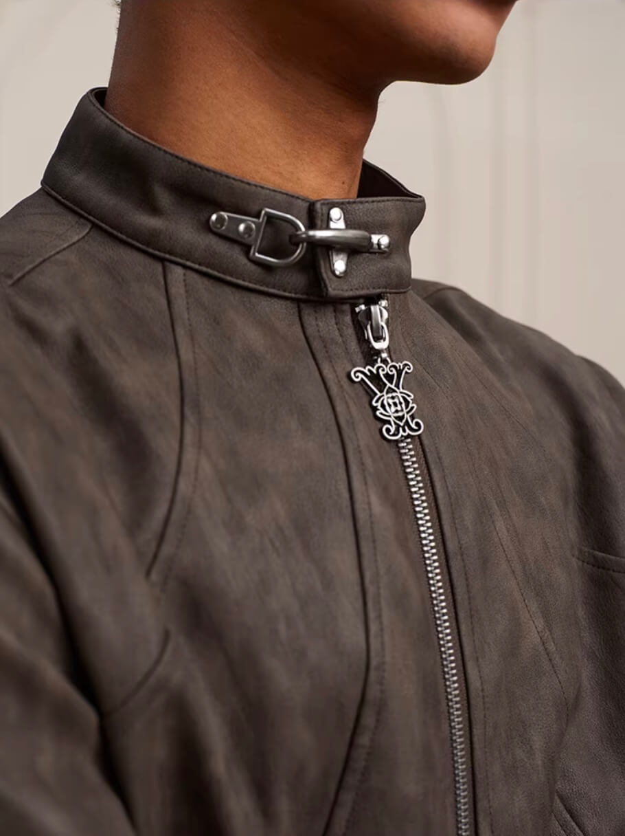 YADcrew Washed PU Leather Racing Jacket