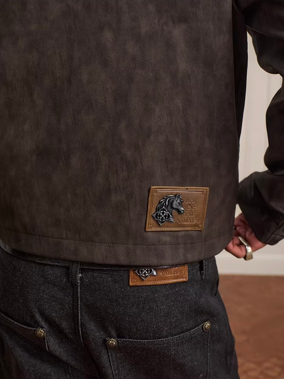 YADcrew Washed PU Leather Racing Jacket