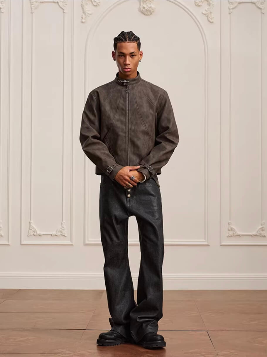 YADcrew Washed PU Leather Racing Jacket