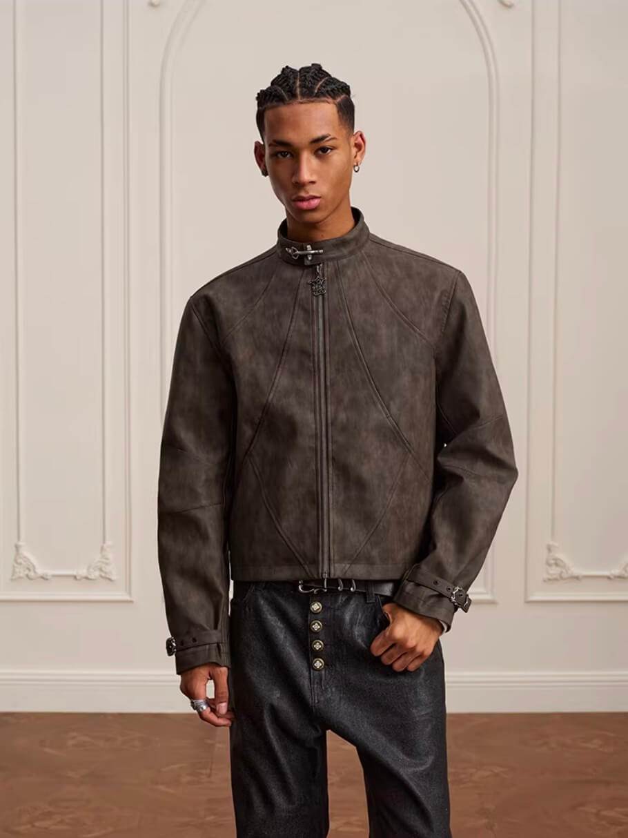 YADcrew Washed PU Leather Racing Jacket