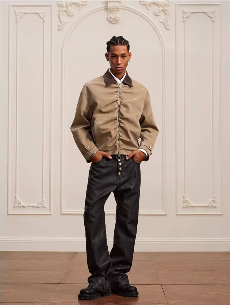 YADcrew Pleated Front Velvet PU Leather Jacket