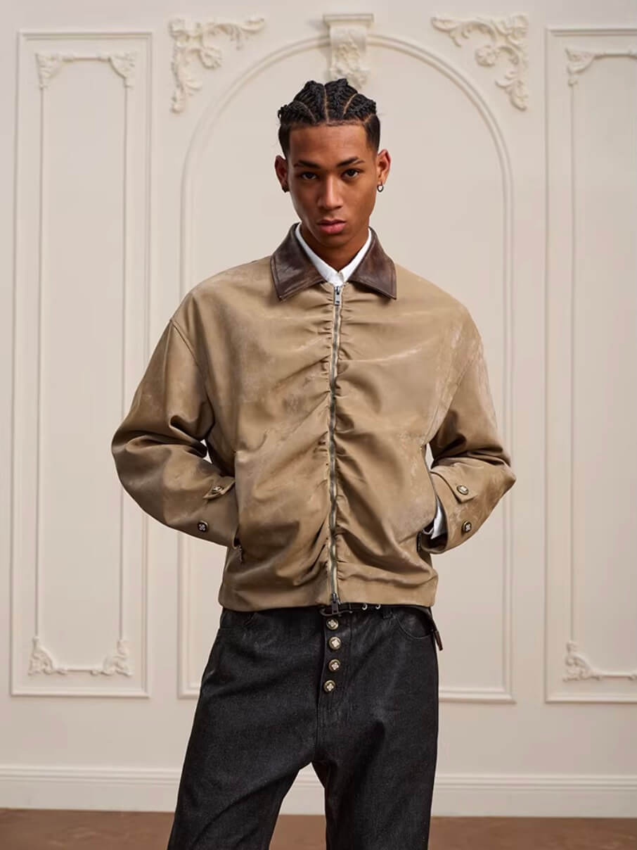 YADcrew Pleated Front Velvet PU Leather Jacket