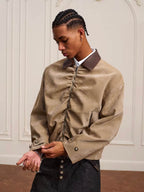 YADcrew Pleated Front Velvet PU Leather Jacket