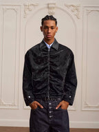 YADcrew Pleated Front Velvet PU Leather Jacket