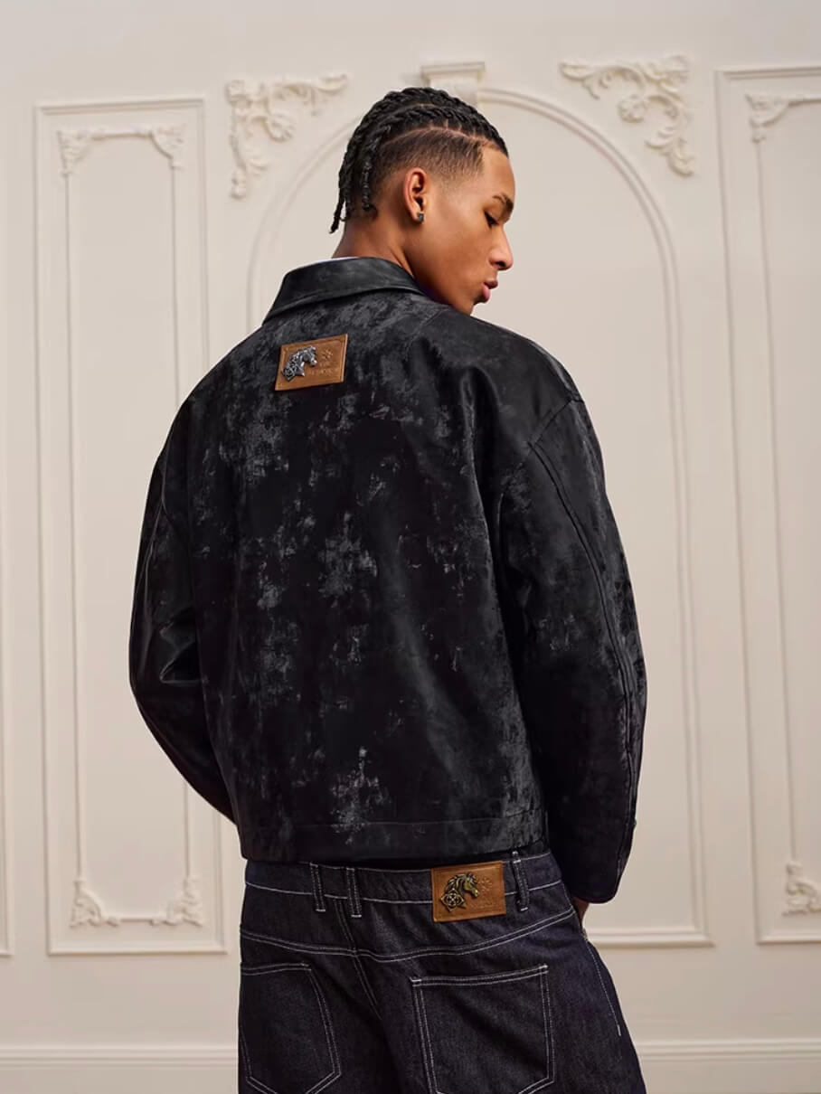 YADcrew Pleated Front Velvet PU Leather Jacket