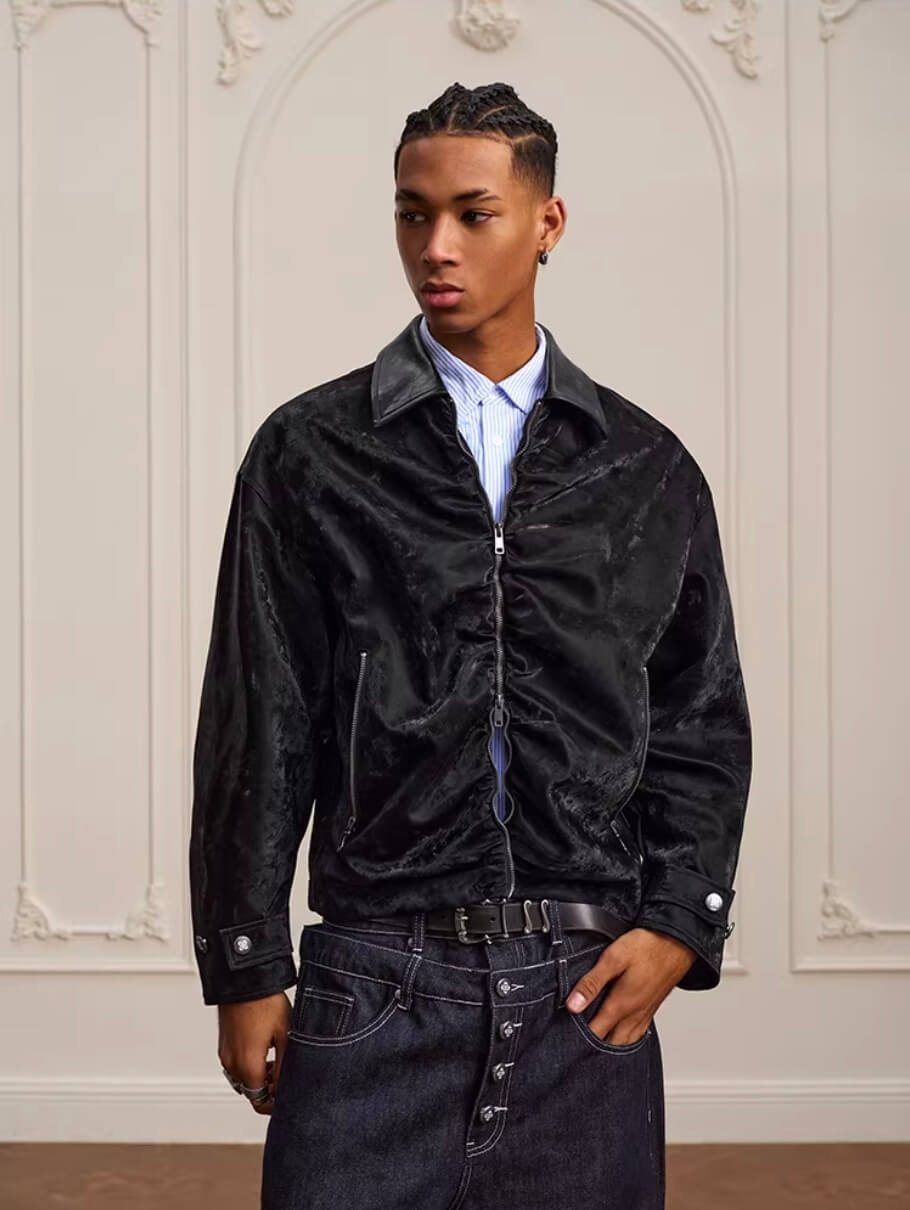 YADcrew Pleated Front Velvet PU Leather Jacket