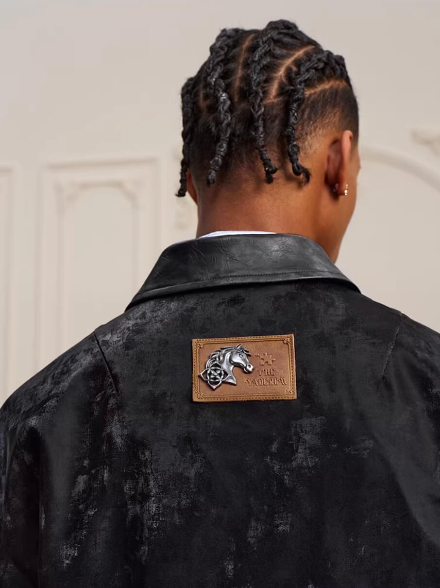 YADcrew Pleated Front Velvet PU Leather Jacket