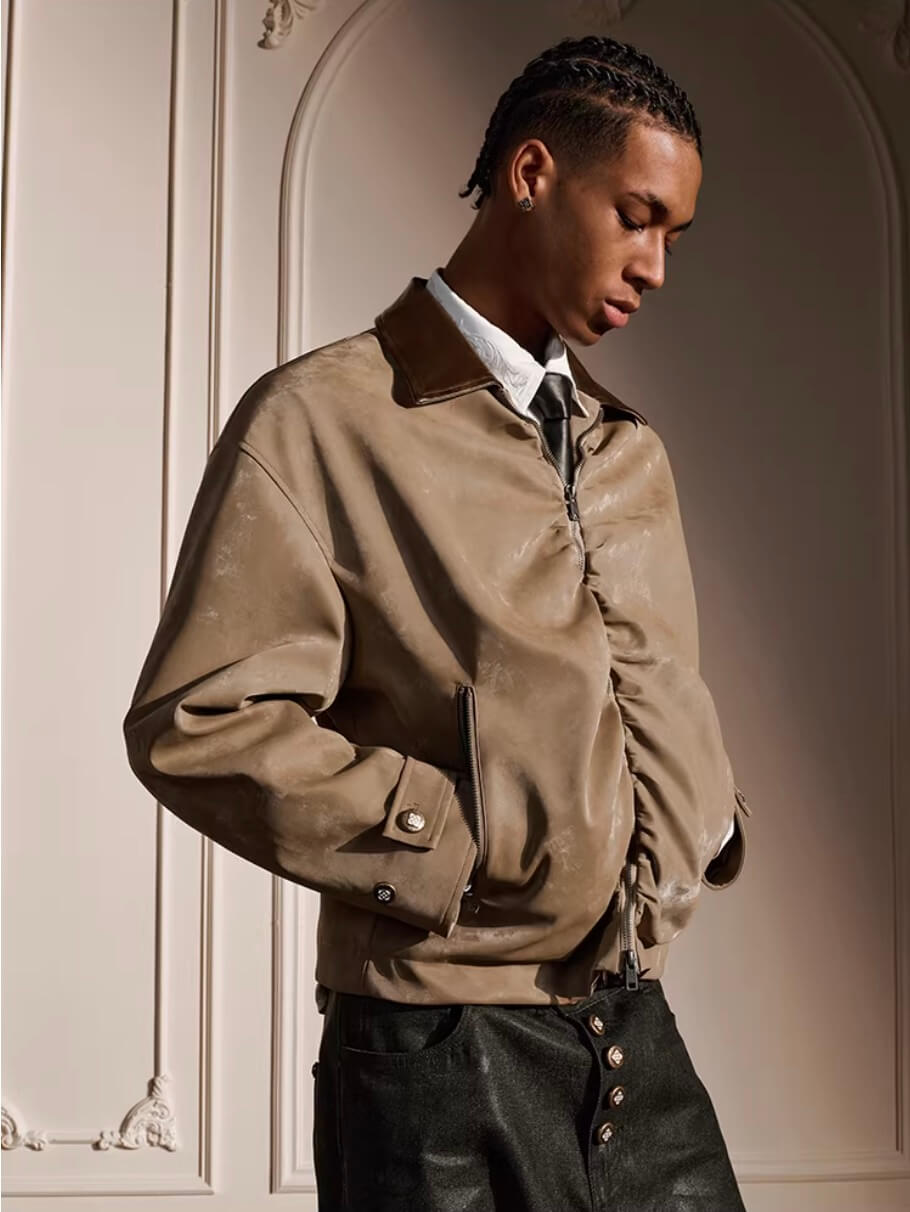 YADcrew Pleated Front Velvet PU Leather Jacket