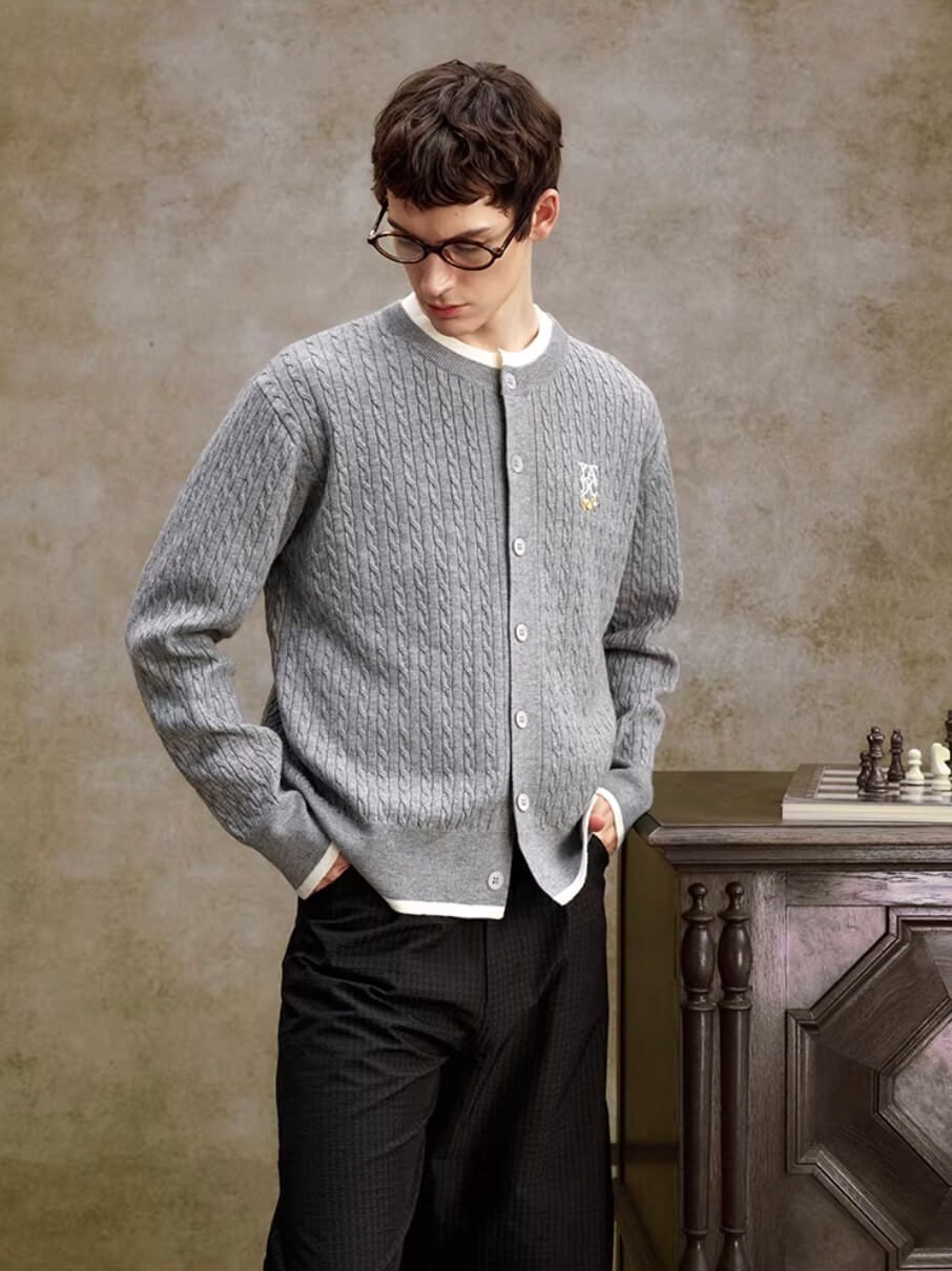 YADcrew Cable Knit Crew Neck Cardigan