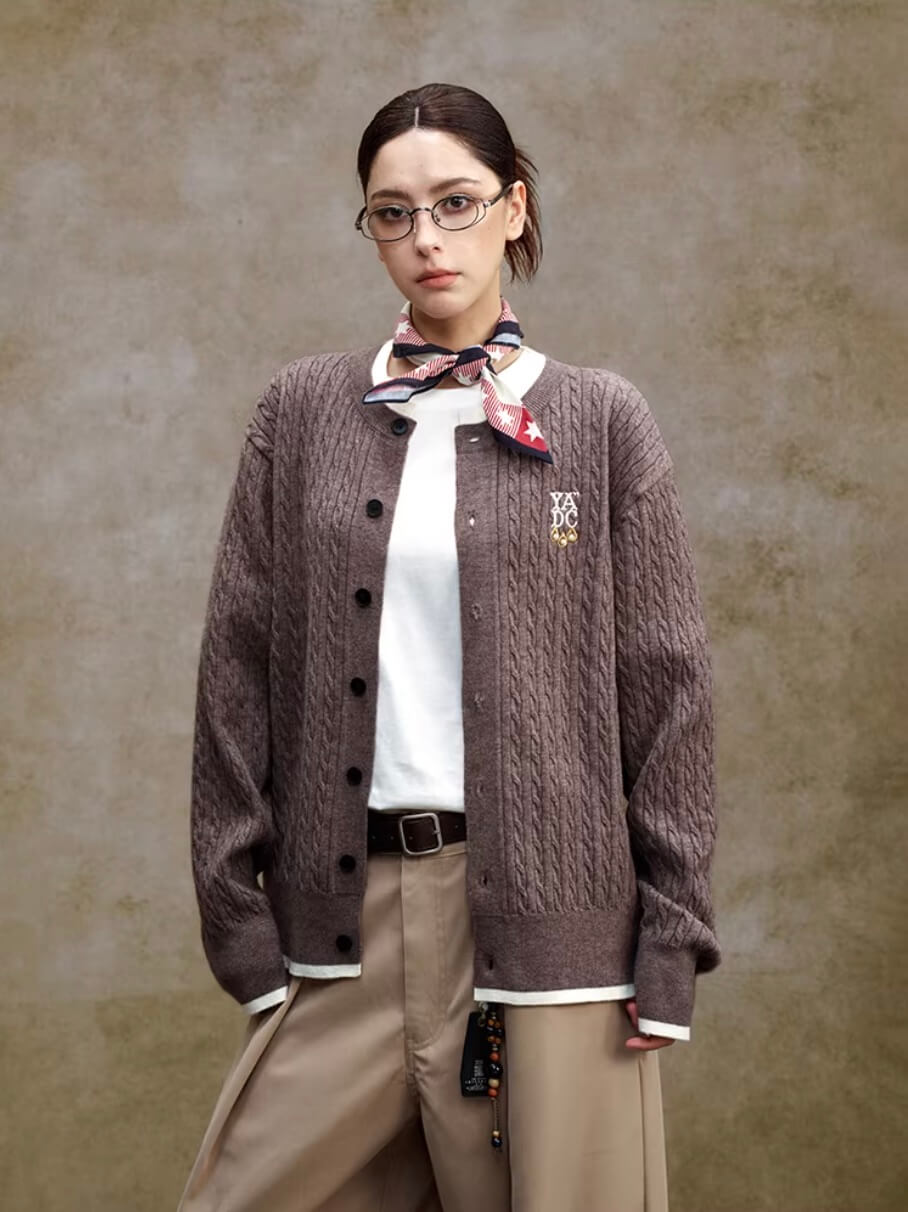YADcrew Cable Knit Crew Neck Cardigan